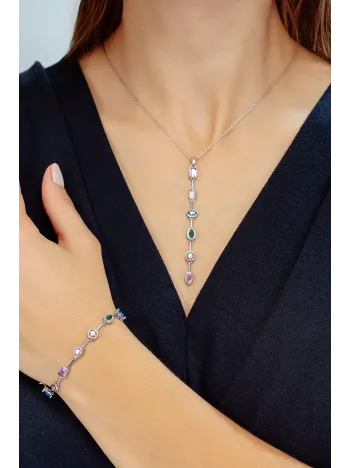 Kadın Renkli Taşlı Zarif 925 Ayar Gümüş Kolye Bileklik Set