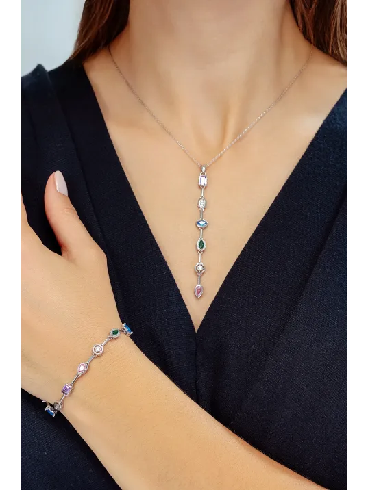 Kadın Renkli Taşlı Zarif 925 Ayar Gümüş Kolye Bileklik Set Kadın Renkli Taşlı Zarif 925 Ayar Gümüş Kolye Bileklik Set