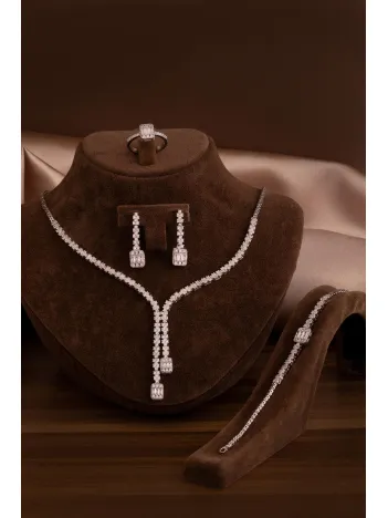 Kadın Gümüş Takı Seti - Sultan Baget Taşlı Zirkon Süslemeli Kolye, Bileklik, Yüzük, Küpe Tam Set