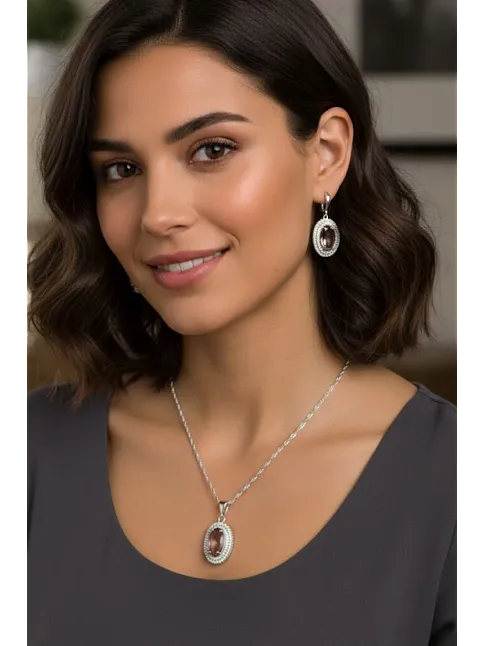 Kadın Gümüş Kolye Küpe Set - Oval Model Zultanit Taşlı Gümüş Set