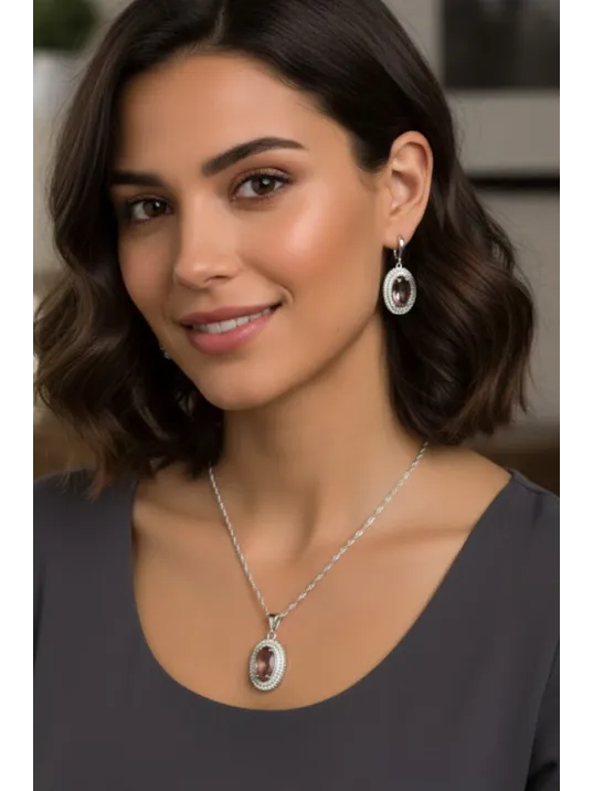 Kadın Gümüş Kolye Küpe Set - Oval Model Zultanit Taşlı Gümüş Set