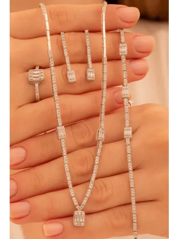 Kadın Gümüş Takı Seti - Feride Baget Taşlı Kolye, Bileklik, Yüzük, Küpe Tam Set