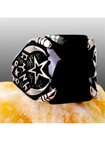 Ay Yıldızlı Ve Türk Yazılı Zirkon Taşlı Erkek Gümüş Yüzük