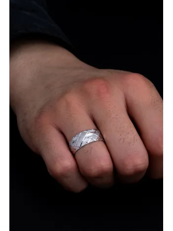 Erkek Gümüş Yüzük - 925 Ayar Baklava Desenli Gümüş Alyans Yüzük