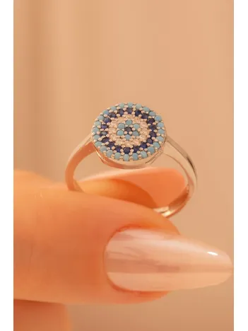 Kadın Gümüş Yüzük - Yuvarlak Model Nazar Boncuğu Motifli Kadın Yüzük