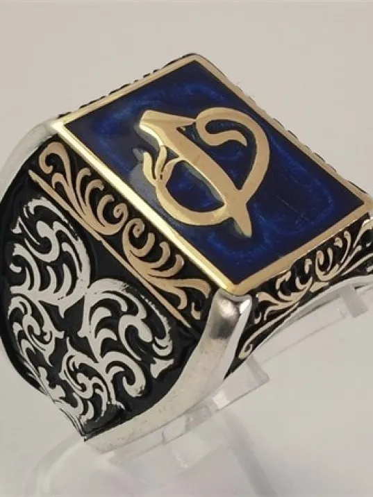 Vav Elif Mavi Mineli Gümüş Erkek Yüzük