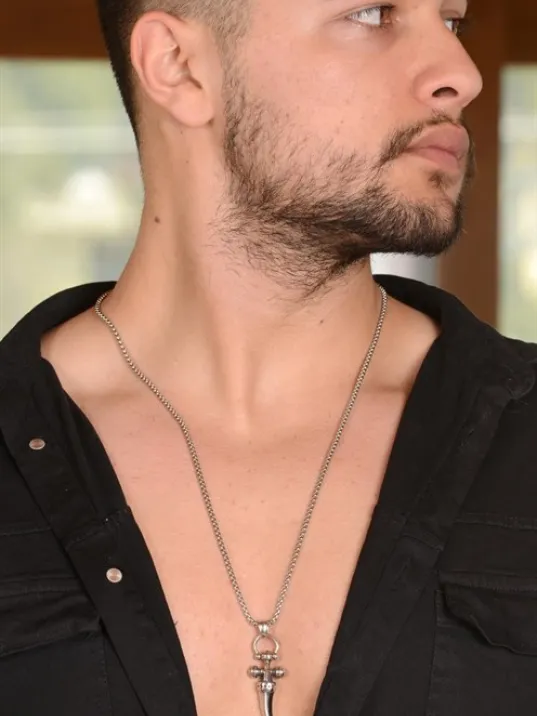 Haç Motifli Kılıç Çelik Erkek Kolye Zincir Cklhcklckl1-gms