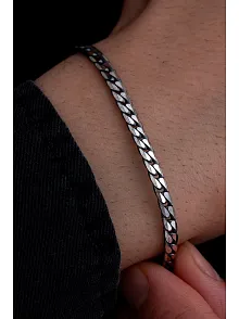 Erkek Gümüş Bileklik - 925 Ayar 4 mm Oksitli Ezme Gurmet Zincir Gümüş Bileklik