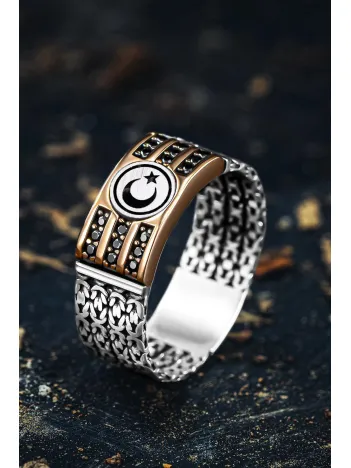 Erkek Gümüş Yüzük - Beyaz Üç Sıra Zirkon Taşlı Kral Zincirli Ay Yıldız İşlemeli Erkek Yüzük