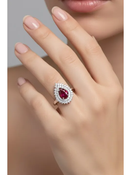 Çise Yakut Taşlı Gümüş Su Yolu Kadın Yüzük