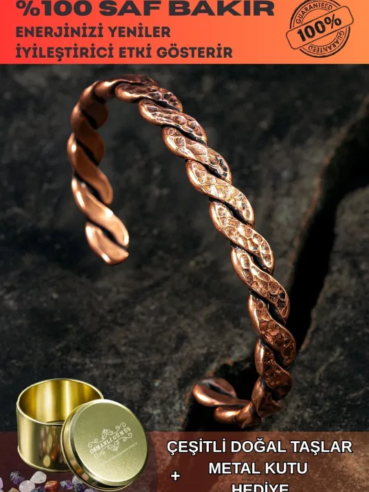 Saf Bakır Bileklik Otantik Model Örgü Metal Kutu Doğal Taşlar Kadın Erkek Kelepçe