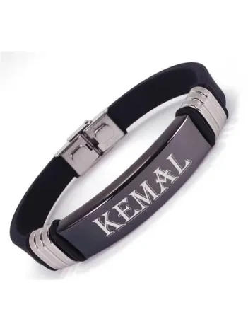 İsim Yazılan Kauçuk Çelik Erkek Bileklik Künye Siyah Model