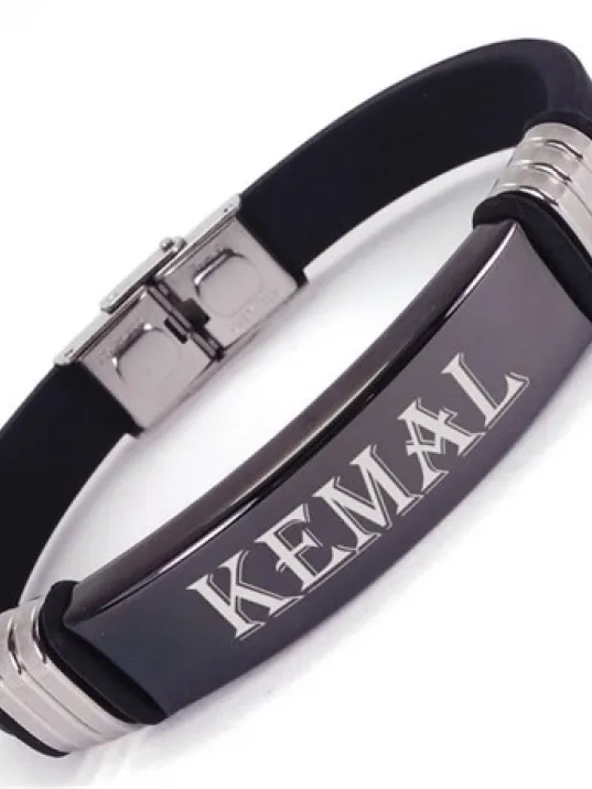 İsim Yazılan Kauçuk Çelik Erkek Bileklik Künye Siyah Model