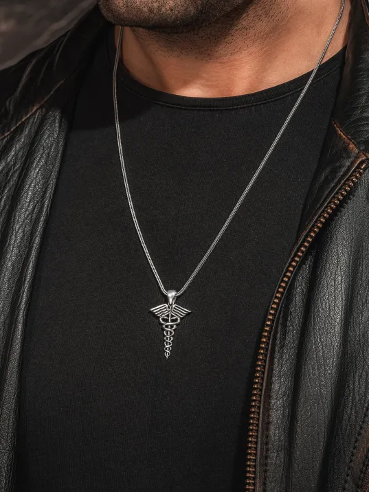 925 Ayar Gümüş Tıp Sembolü Kadüse Kolye Sağlık ve Şifa Temalı Erkek Kolye 925 Ayar Gümüş Tıp Sembolü Kadüse Kolye Sağlık ve Şifa Temalı Erkek Kolye