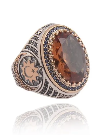 Zultanit Taşlı Yanında Ay Yıldız Motif Erkek Gümüş Yüzük