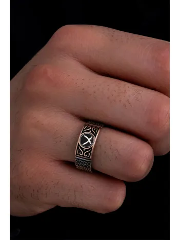 Erkek Gümüş Yüzük - Siyah Çift Zülfikar Kılıcı Zincir Motifli İnce Kibar Erkek Yüzüğü Erkek Gümüş Yüzük - Siyah Çift Zülfikar Kılıcı Zincir Motifli İnce Kibar Erkek Yüzüğü