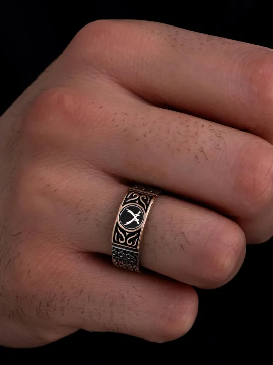 Erkek Gümüş Yüzük - Siyah Çift Zülfikar Kılıcı Zincir Motifli İnce Kibar Erkek Yüzüğü