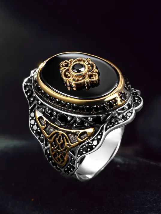 Erkek Gümüş Yüzük - Siyah Oniks Taşlı Çiçek Motifli Erkek Yüzük