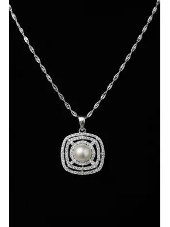 Kadın Gümüş Kolye - Kare Model İnci Detaylı Kadın Gümüş Kolye