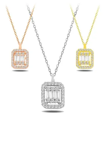 Kare Baget Taşlı Model 3 Kadın Gümüş Kolye Zincir GKLKRBGTM3D-ROS