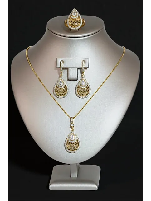 Kadın Gümüş Kolye Yüzük Küpe Set - Damla Model 22 Ayar Altın Kaplama Zirkon Taşlı Gümüş Set Kadın Gümüş Kolye Yüzük Küpe Set - Damla Model 22 Ayar Altın Kaplama Zirkon Taşlı Gümüş Set