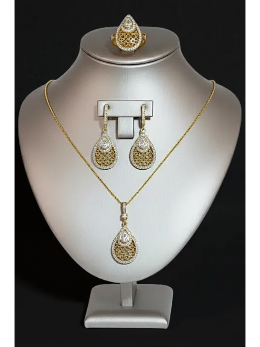 Kadın Gümüş Kolye Yüzük Küpe Set - Damla Model 22 Ayar Altın Kaplama Zirkon Taşlı Gümüş Set