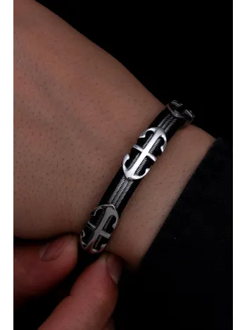 Erkek Çelik Bileklik - Çelik Çapa Desenli 3 Sıra Erkek Bileklik