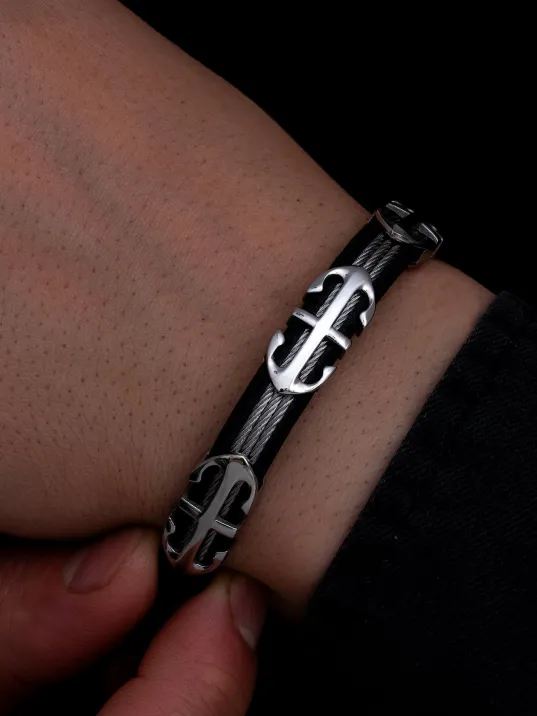 Erkek Çelik Bileklik - Çelik Çapa Desenli 3 Sıra Erkek Bileklik