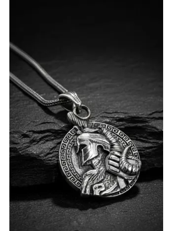 Erkek Gümüş Kolye - 925 Ayar Kabartmalı Savaşçı Gladyatör Motifli Tilki Kuyruğu Zincirli Model Kolye