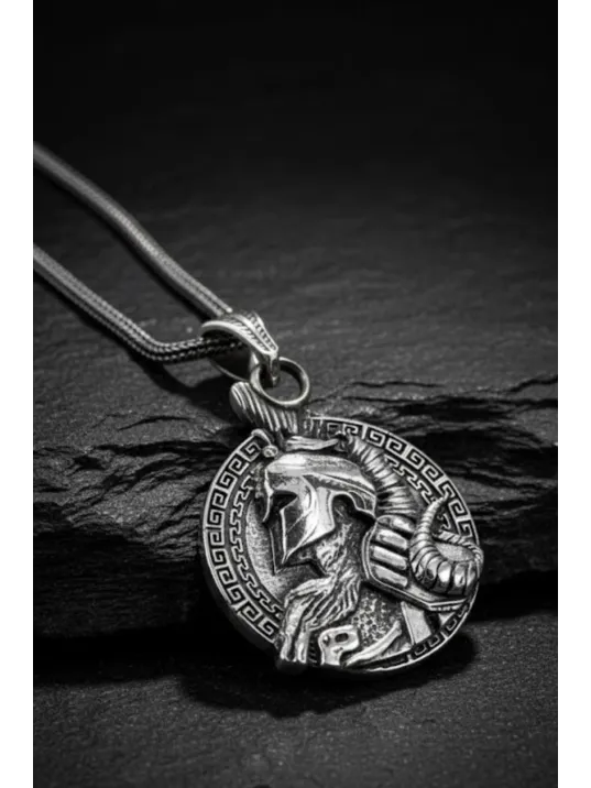 Erkek Gümüş Kolye - 925 Ayar Kabartmalı Savaşçı Gladyatör Motifli Tilki Kuyruğu Zincirli Model Kolye