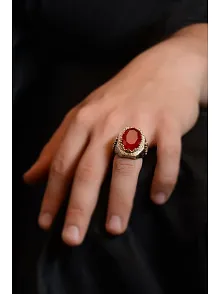Garnet (Kırmızı) Taşlı Yanı Selçuklu Arma ve Hilal Yıldız İşlemeli Erkek Gümüş Yüzük