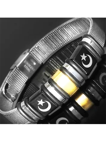 Siyah Çift Ay Yıldız Logo Kemer Modeli Erkek Çelik Bileklik CBLCIFTAYIZ-BYZ