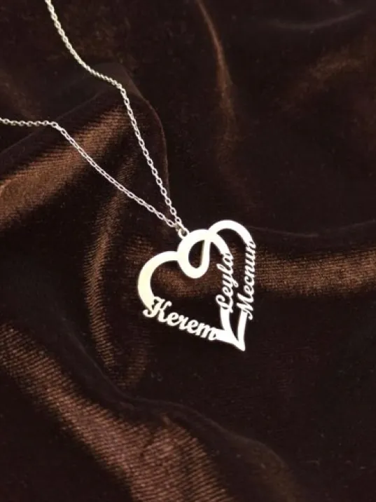 Çift Kalp Kişiye Özel İsimli Bayan Altın Renk Kolye GKLALT3ISMK