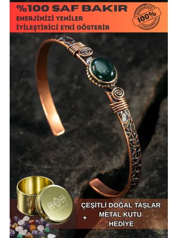 Bakır Kelepçe Bilezik Yeşil Akik Doğal Taş Erkek Kadın Doğal Taşlı ve Metal Kutulu