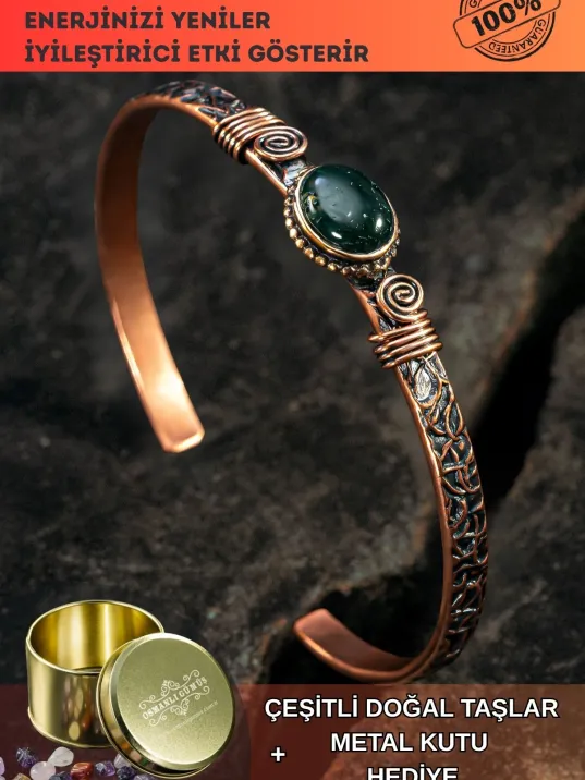 Bakır Kelepçe Bilezik Yeşil Akik Doğal Taş Erkek Kadın Doğal Taşlı ve Metal Kutulu Bakır Kelepçe Bilezik Yeşil Akik Doğal Taş Erkek Kadın Doğal Taşlı ve Metal Kutulu