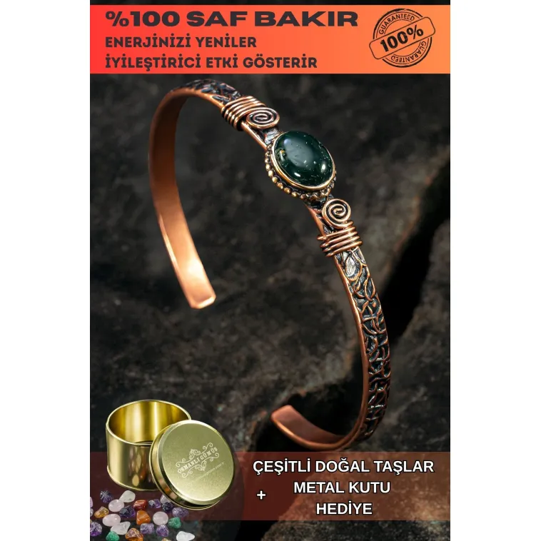 Bakır Kelepçe Bilezik Yeşil Akik Doğal Taş Erkek Kadın Doğal Taşlı ve Metal Kutulu Bakır Kelepçe Bilezik Yeşil Akik Doğal Taş Erkek Kadın Doğal Taşlı ve Metal Kutulu