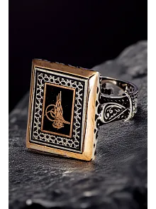 Erkek Osmanlı Tuğrası İşlemeli Dikdörtgen Model 925 Ayar Gümüş Yüzük