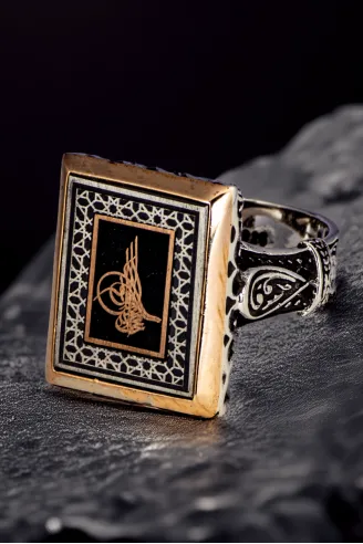 Erkek Osmanlı Tuğrası İşlemeli Dikdörtgen Model 925 Ayar Gümüş Yüzük