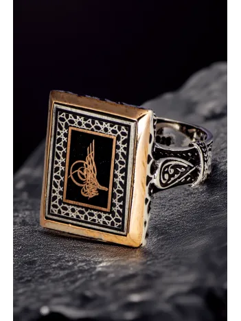 Erkek Osmanlı Tuğrası İşlemeli Dikdörtgen Model 925 Ayar Gümüş Yüzük