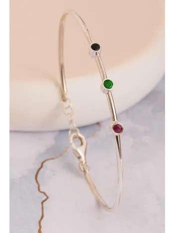 Kadın Gümüş Bileklik - Kadın Kelepçe - El Yapımı Gümüş Safir Yakut Ve Zümrüt Taşlı Kadın Bileklik