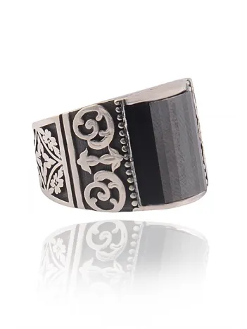 Siyah Oniks Taşlı Yanı İşlemeli Erkek Gümüş Yüzük