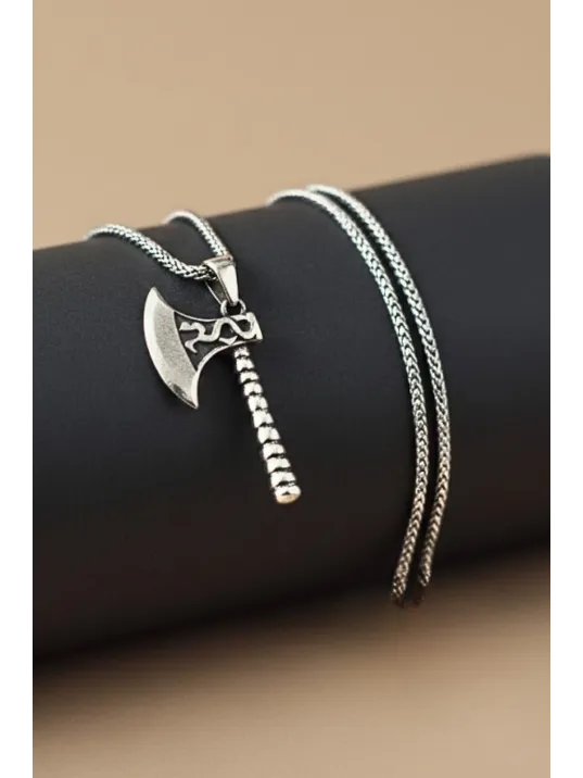 Erkek Gümüş Kolye - Viking Savaş Baltası Sivri Kenar Detaylı Erkek Kolye