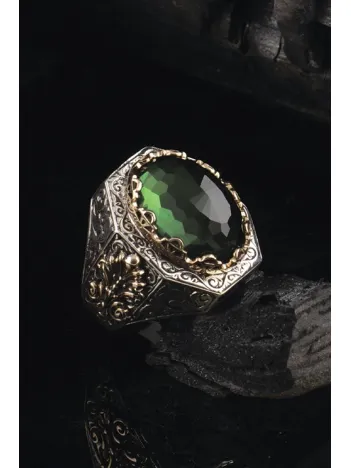 Yeşil Zirkon Taşlı İşlemeli Erkek Gümüş Yüzük GYZZRCNYESL-GMS