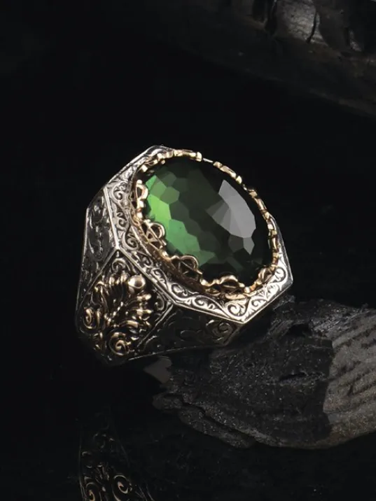 Yeşil Zirkon Taşlı İşlemeli Erkek Gümüş Yüzük GYZZRCNYESL-GMS