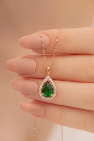 Rose Renk Kanatlı Damla Model Yakut Taşlı  Gümüş Kolye Gkldmlm2del-ros
