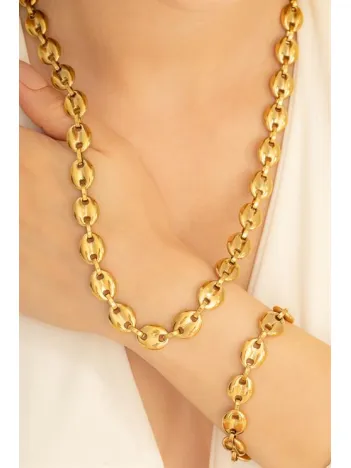 Kadın Çelik Bileklik Kolye Set - Altın Kaplama Gemici Model Çelik Bileklik Kolye Set