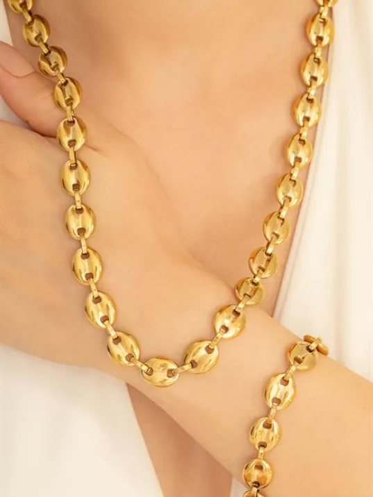 Kadın Çelik Bileklik Kolye Set - Altın Kaplama Gemici Model Çelik Bileklik Kolye Set Kadın Çelik Bileklik Kolye Set - Altın Kaplama Gemici Model Çelik Bileklik Kolye Set