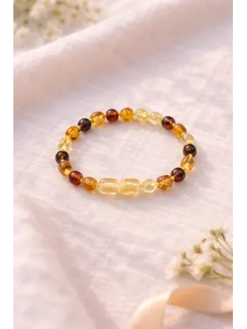 Bebek Kehribar Bileklik - Sarı Kehribar Doğal Taşlı Bebek Künye Bileklik