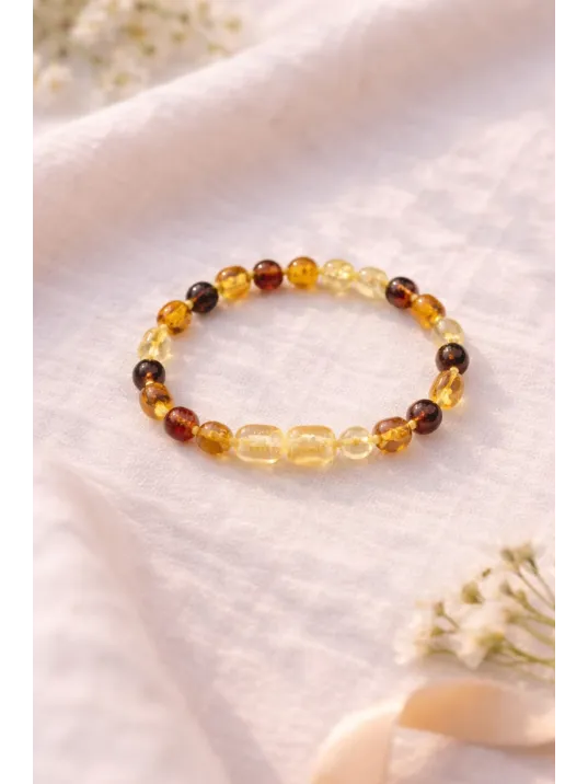 Bebek Kehribar Bileklik - Sarı Kehribar Doğal Taşlı Bebek Künye Bileklik