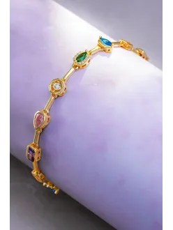 Kadın Renkli Taşlı Altın Kaplama Zarif 925 Ayar Gümüş Bileklik